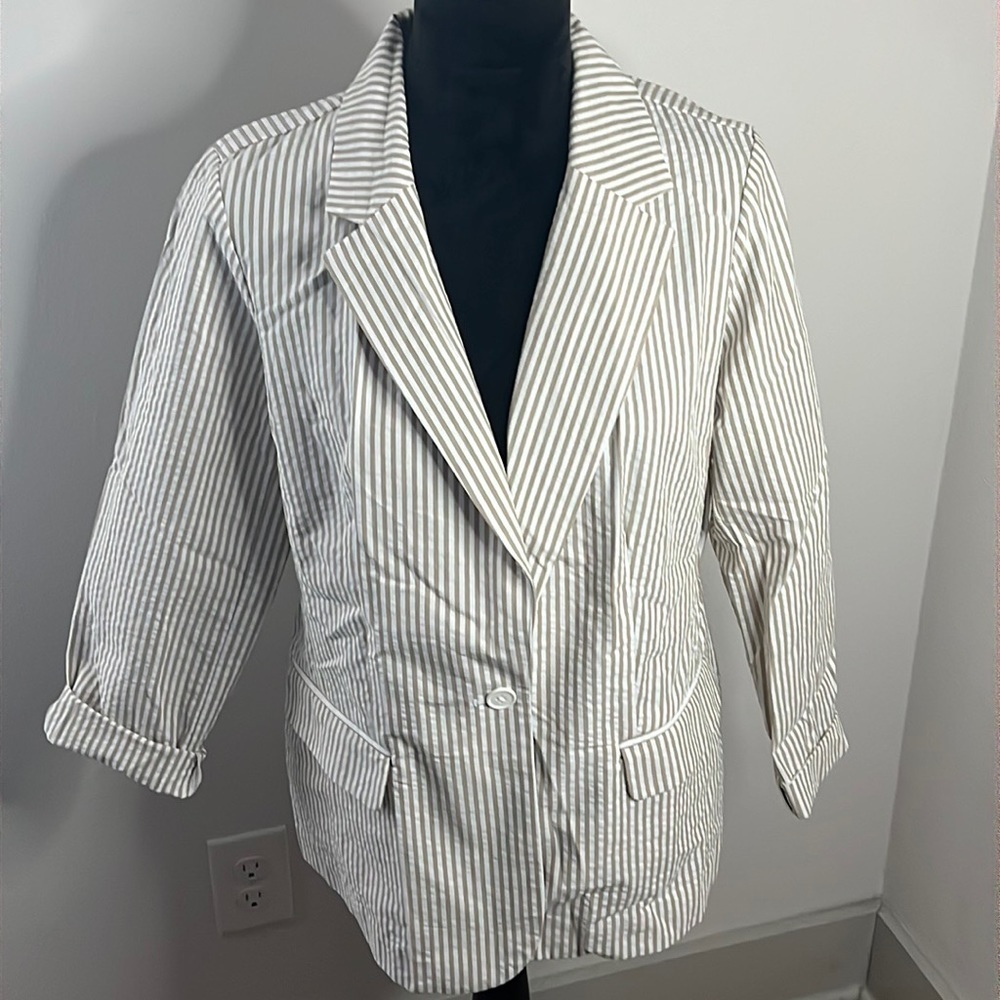 Joan Rivers 100% Cotton khaki white‎ stripes summer blazer light sport jacket 10